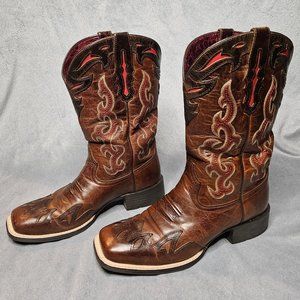 ARIAT Women's Sidekick Square Toe Brown Leather Boots with Red detail, size 9B